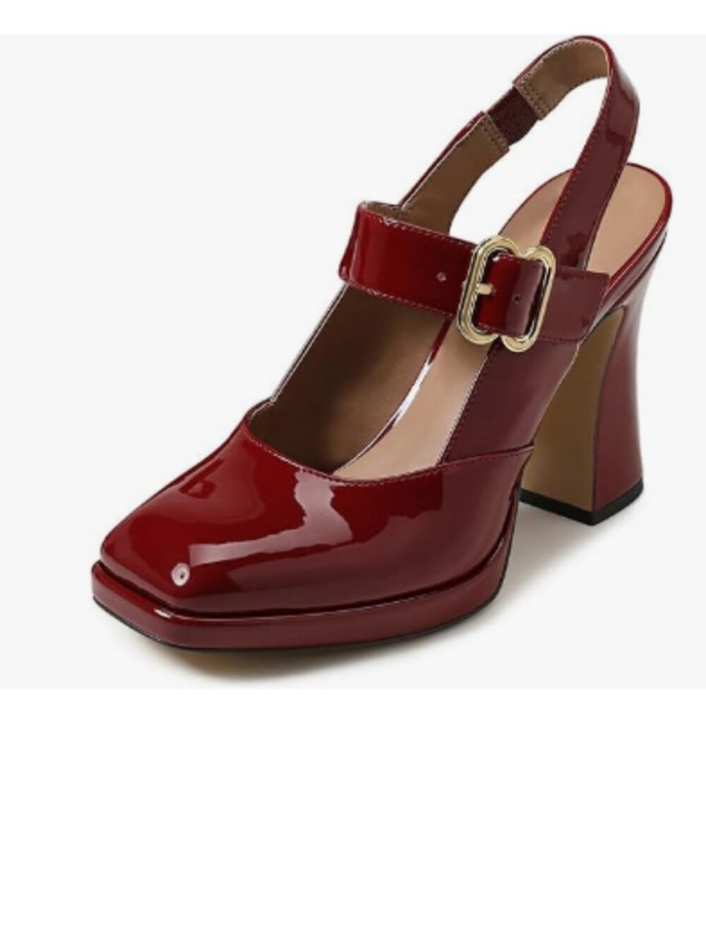 FYS Red Platform Square Toe Pumps Block High Heel Mary Janes Slingback Shoes